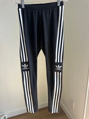 adidas Black Leggings with White Three-Stripes and Trefoil Patches